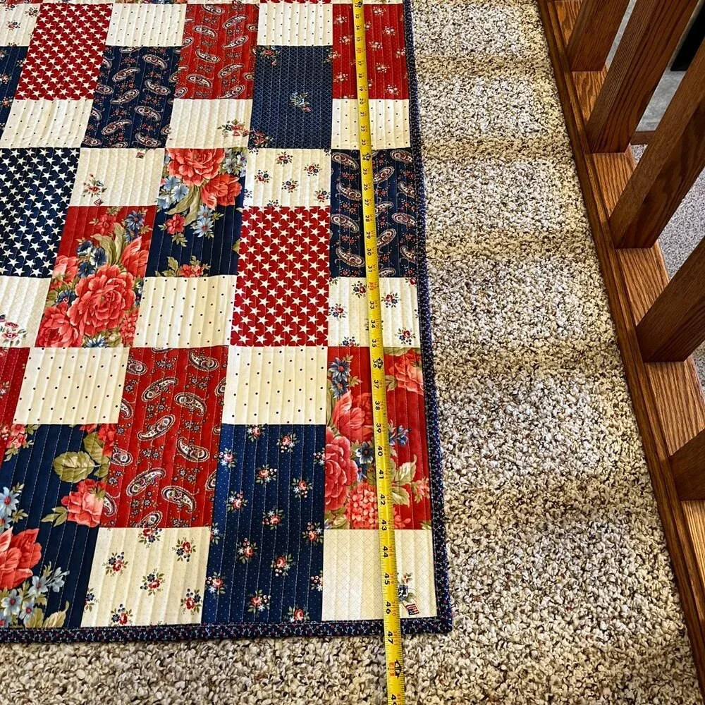 New Handcrafted Americana Lap Quilt or Throw in Red, Cream & Navy Blue - Picture 5 of 9